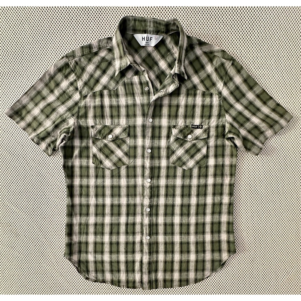 HUF Western Surf Shirt Men Size L Pearl Snap Short Sleeve The Shea Shirt Plaid